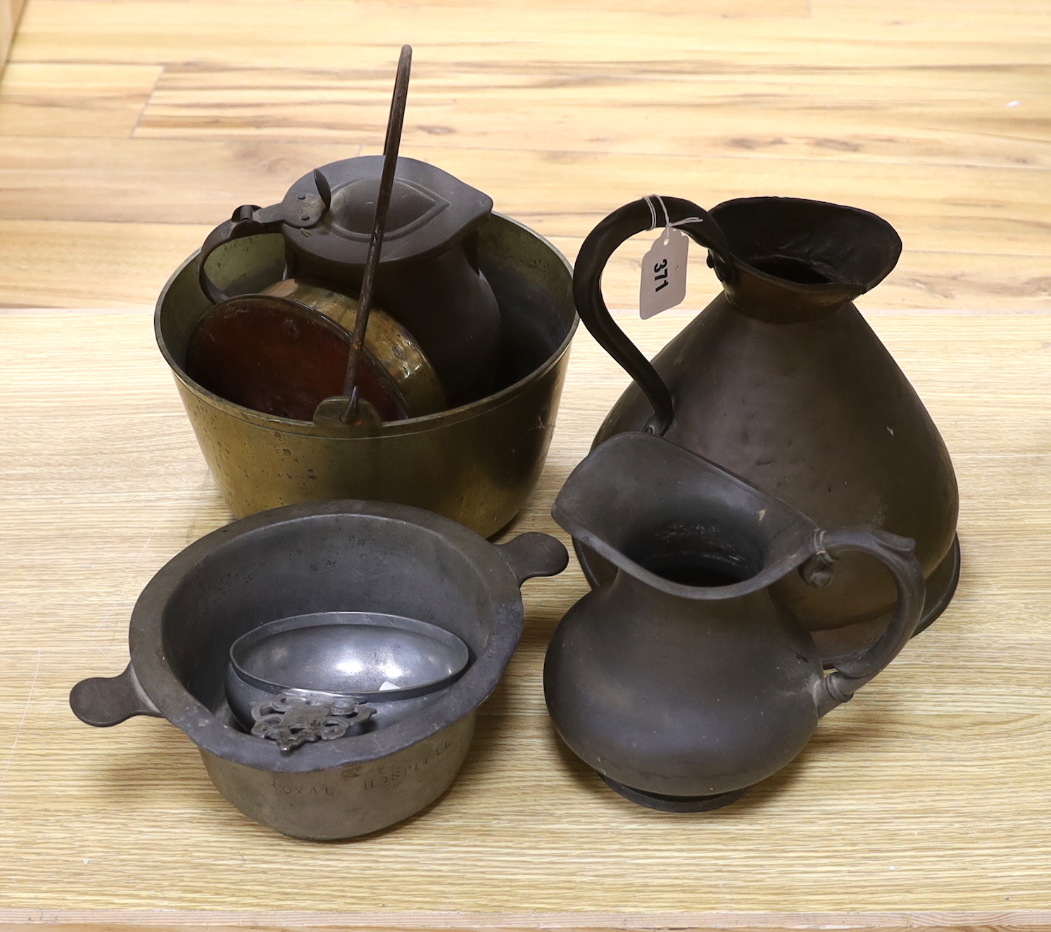 A Victorian pewter bowl stamped ‘Royal Hospital’, a brass preserve pan and sundry metalware